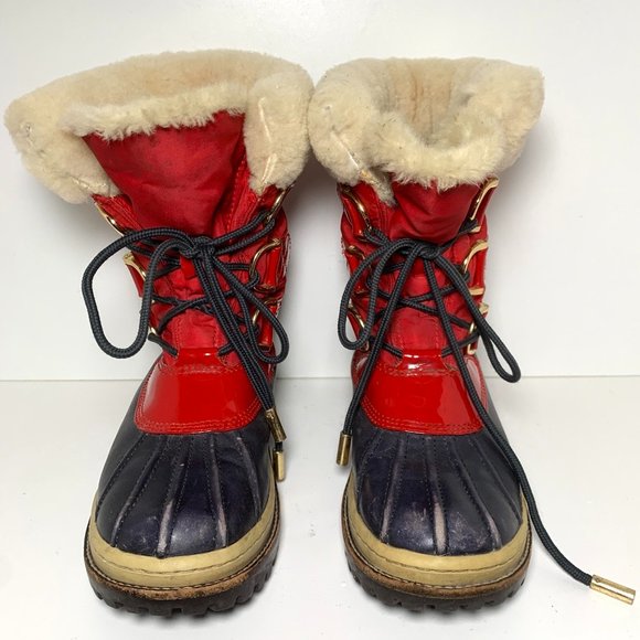 Tory Burch Duck Rain Lace Up Waterproof Boots Navy Red 5 - Picture 4 of 9